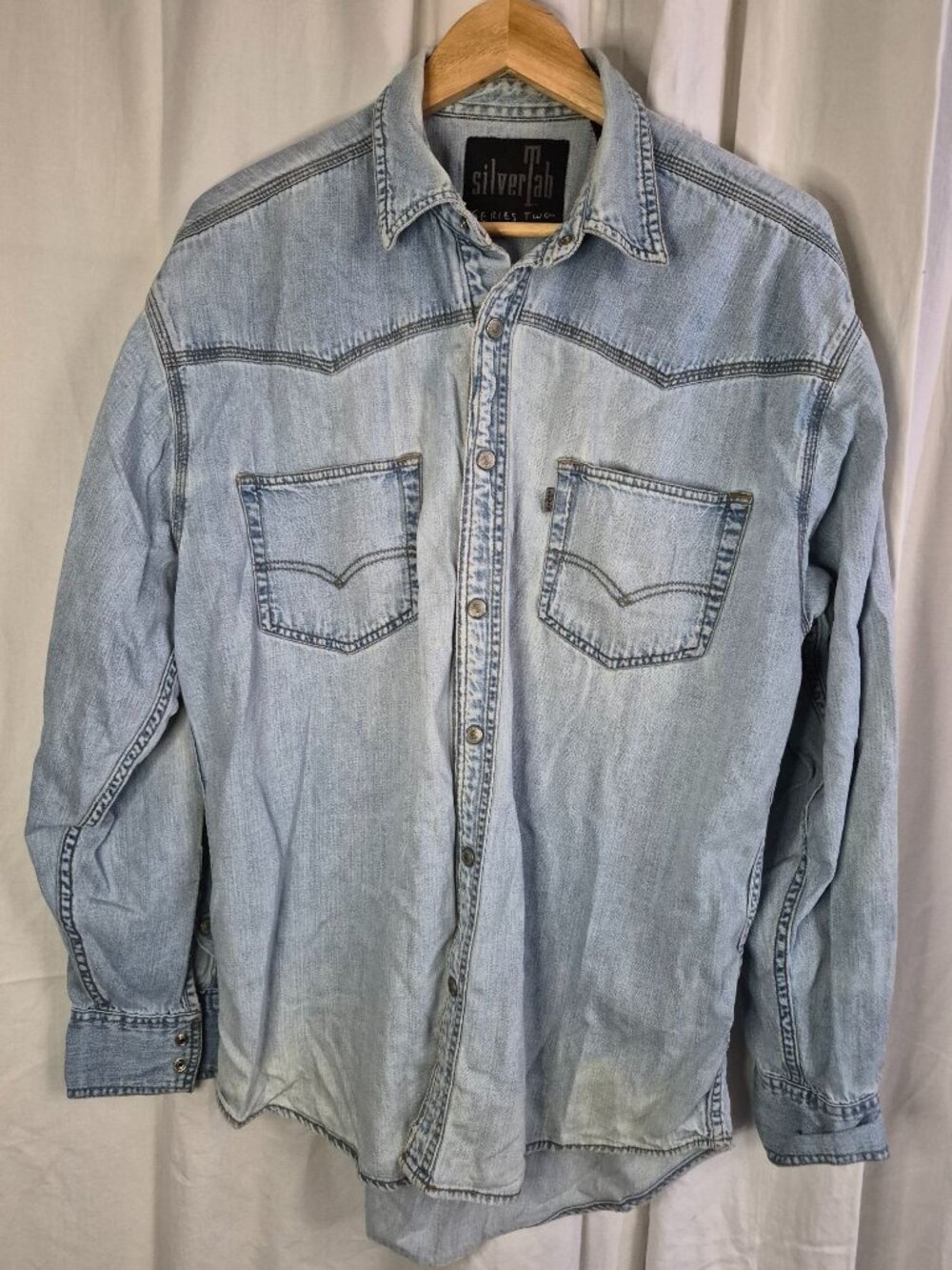 SilverTab Series Two XL Blue Denim Large 90s Retro Y2K Snap Casual Outdoor Shirt
